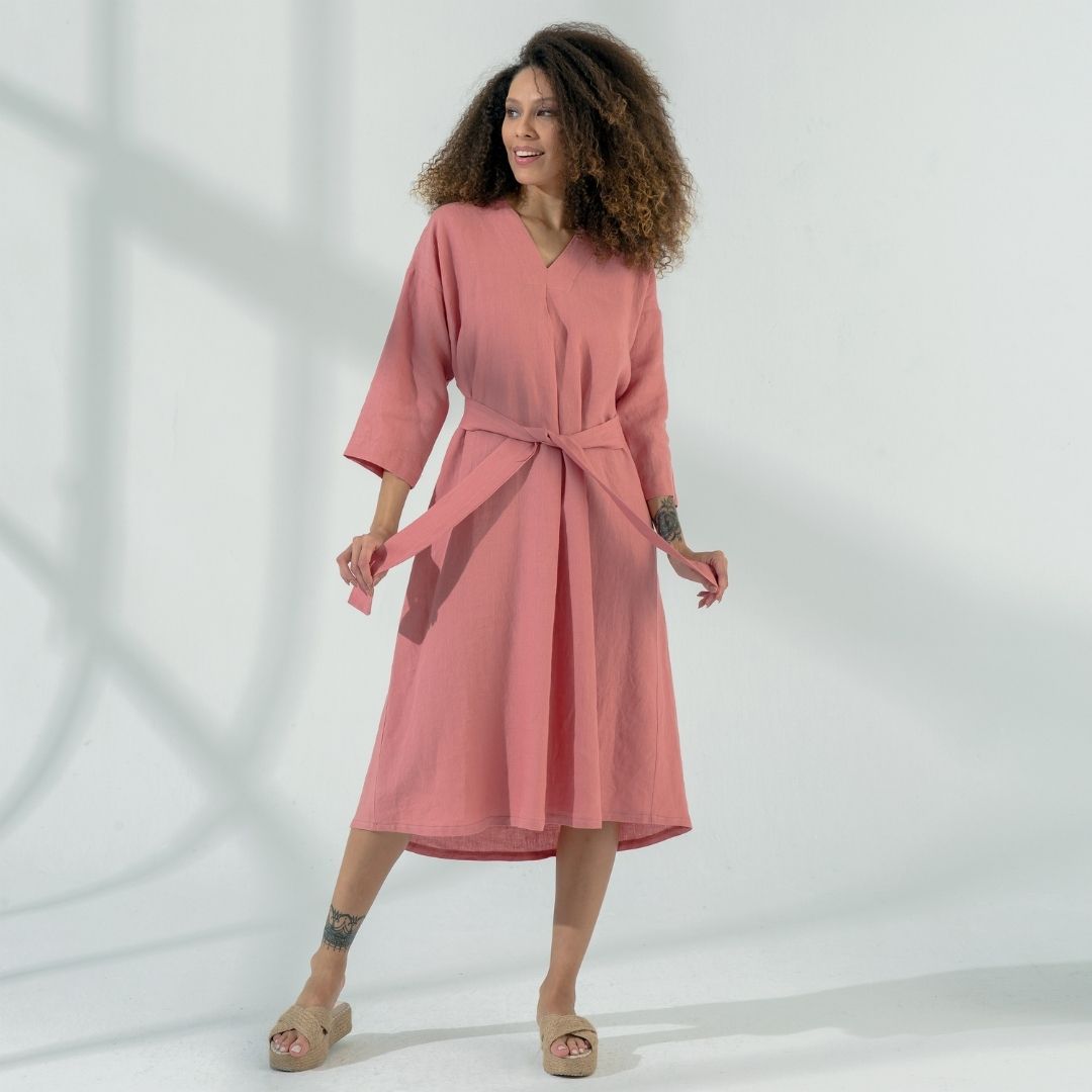 handmade linen dress Orange Linen Wrap Dress Handmade V-Neck Summer Midi Dress Teal / XL