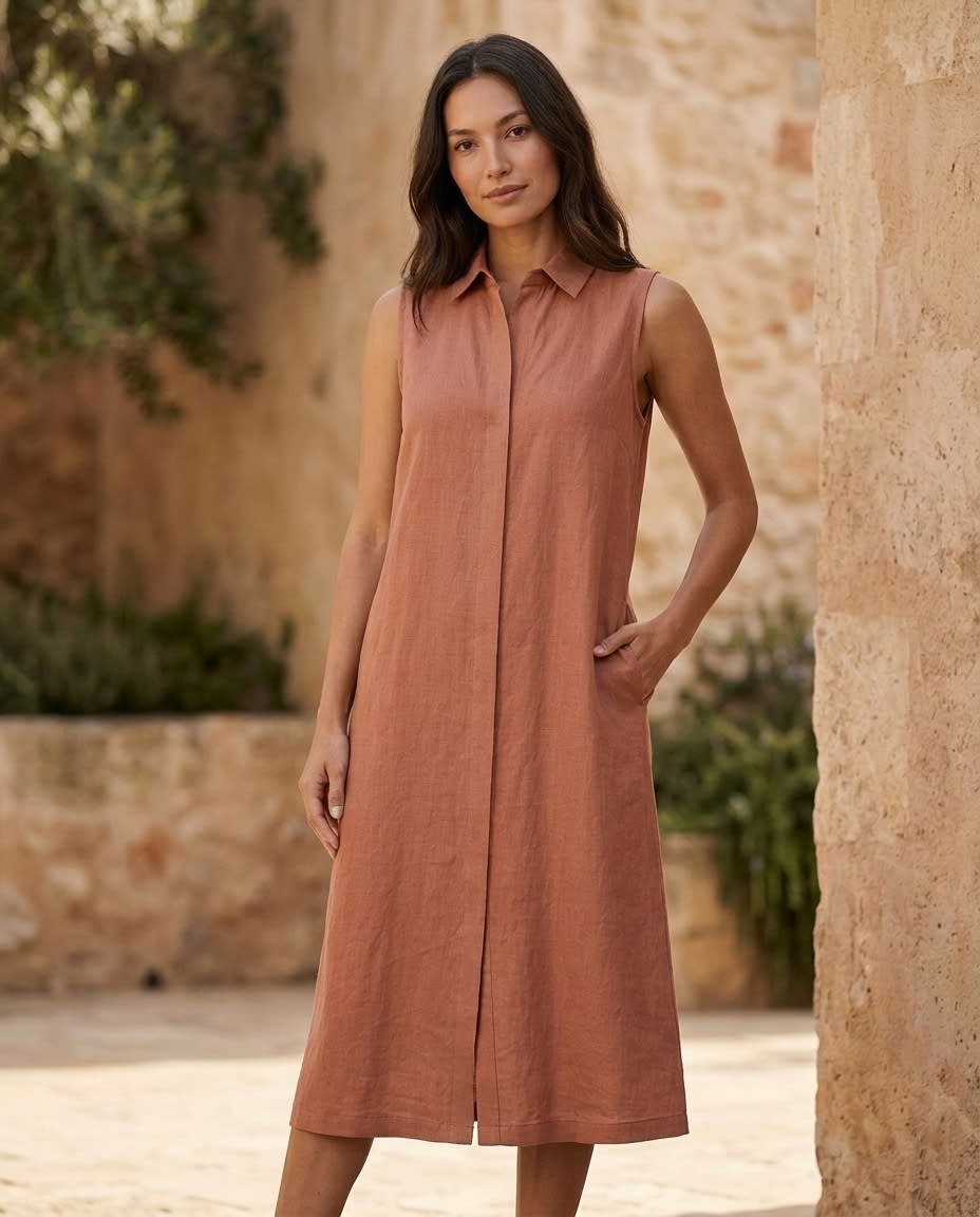 Sleeveless Collared Linen Shirt Dress