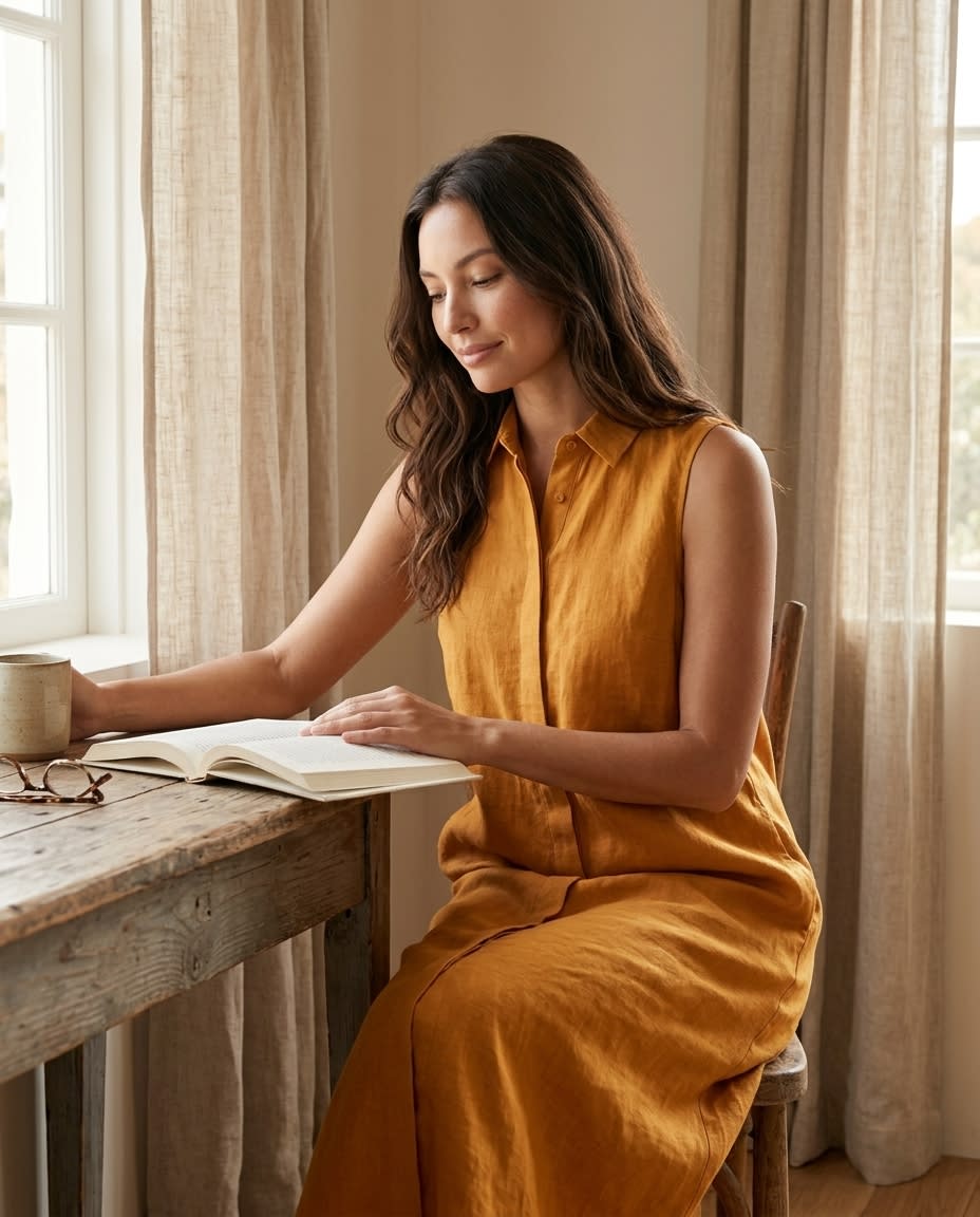 Sleeveless Collared Linen Shirt Dress