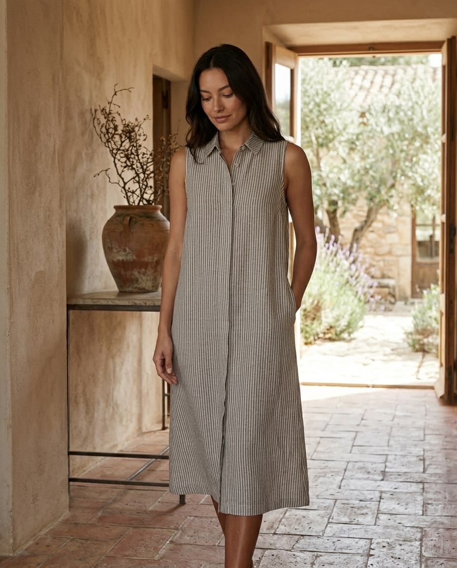 Sleeveless Collared Linen Shirt Dress