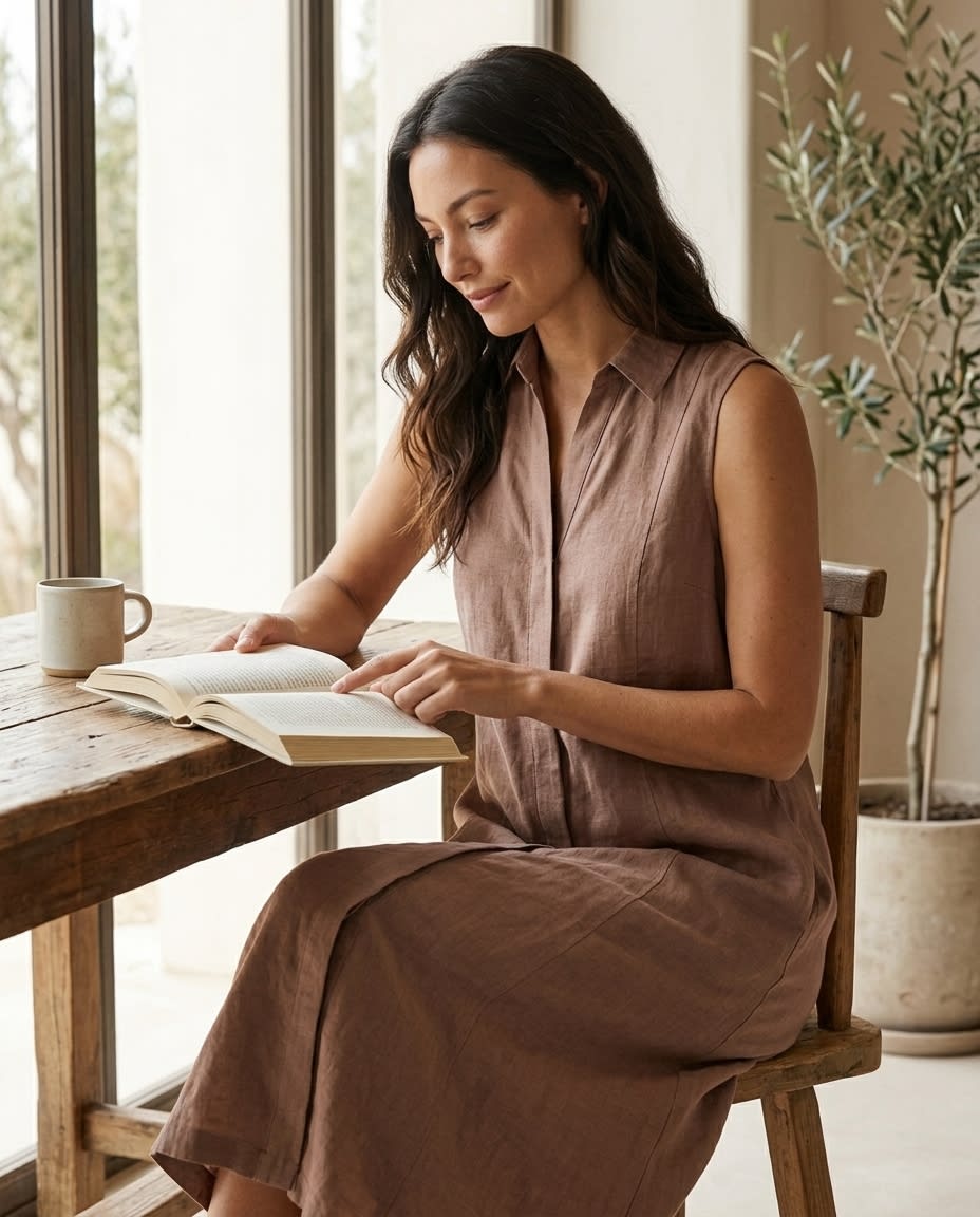 Sleeveless Collared Linen Shirt Dress