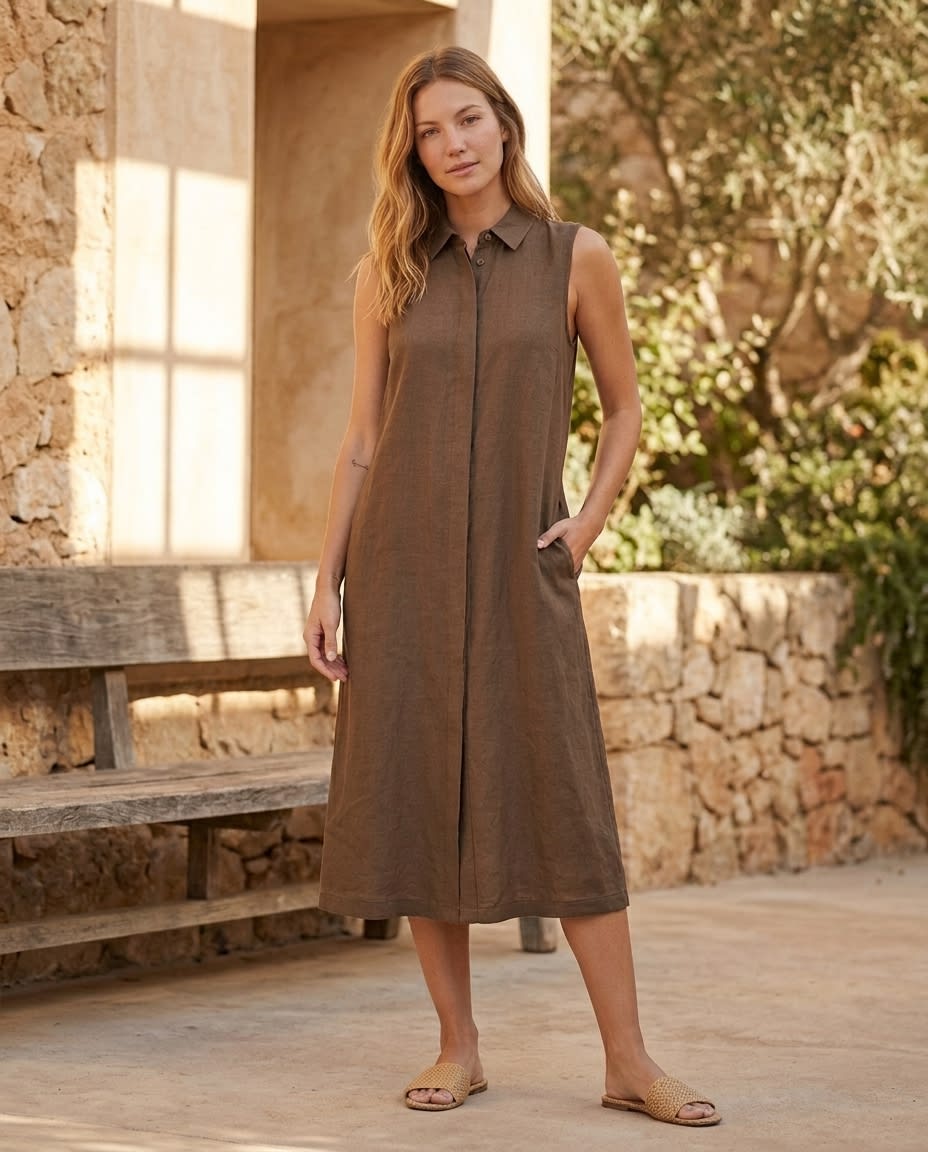 Sleeveless Collared Linen Shirt Dress