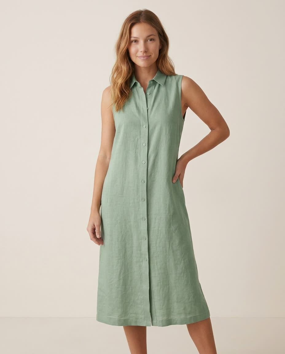 Sleeveless Collared Linen Shirt Dress