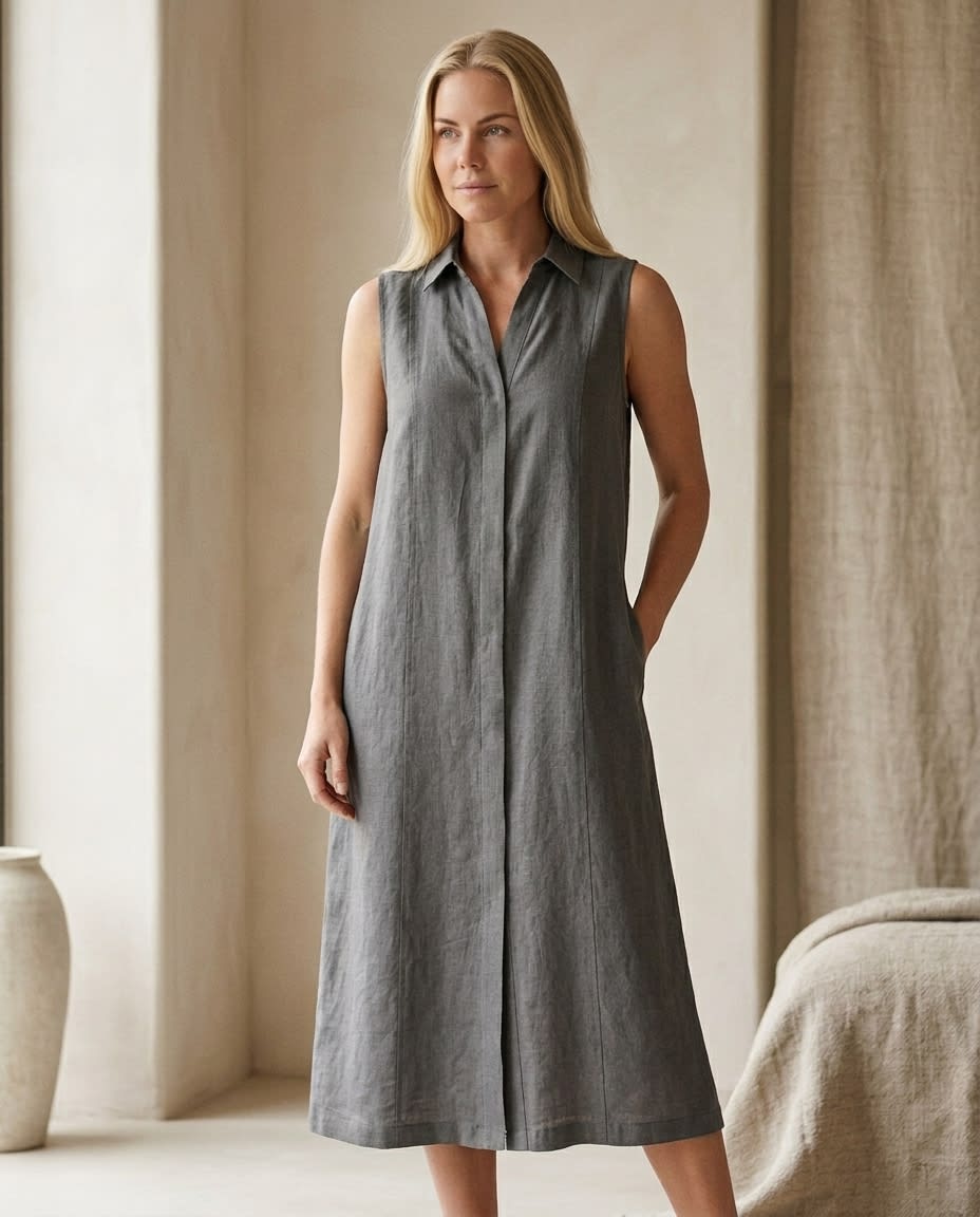 Sleeveless Collared Linen Shirt Dress