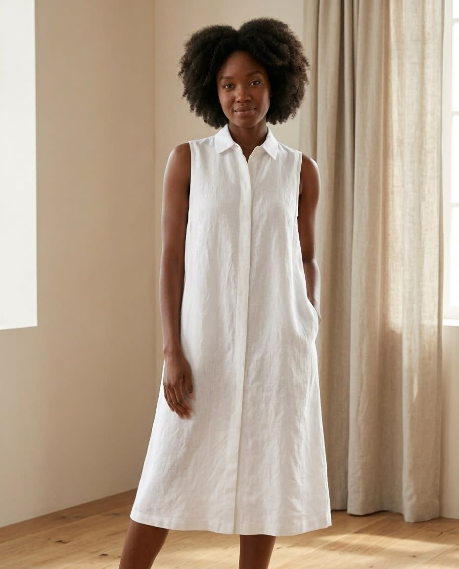 Sleeveless Collared Linen Shirt Dress