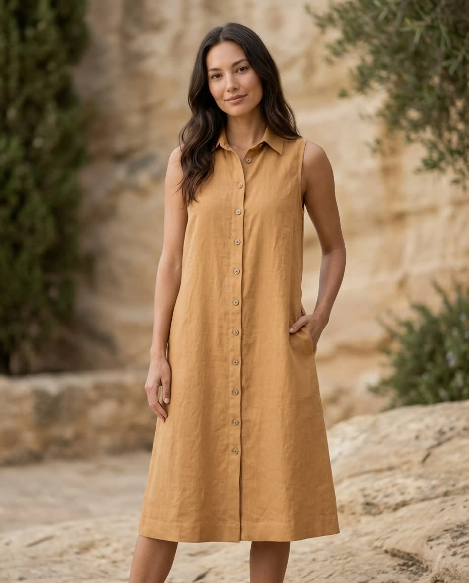 Sleeveless Linen Shirt Dress