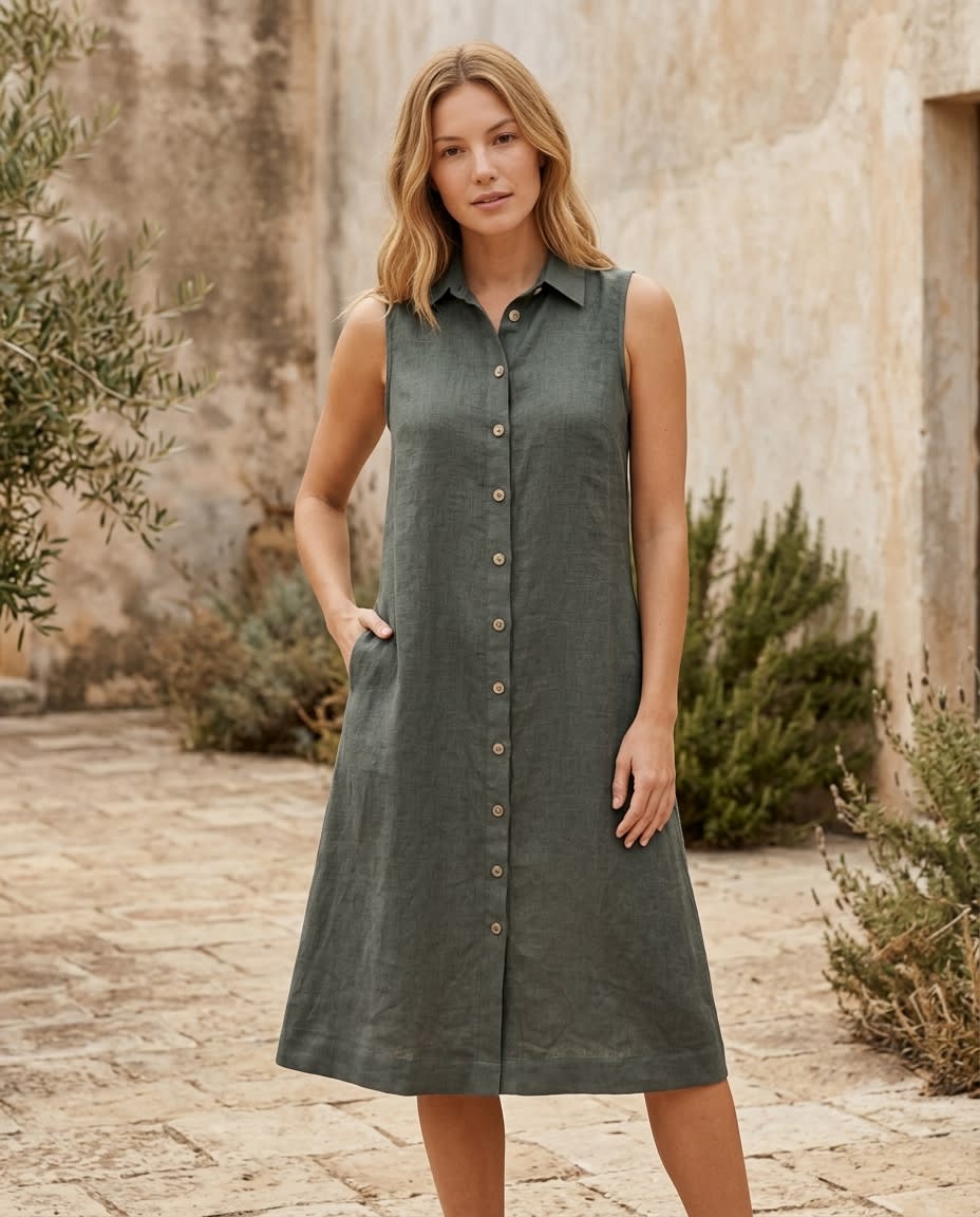 Sleeveless Linen Shirt Dress
