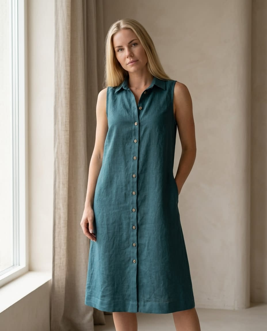 Sleeveless Linen Shirt Dress