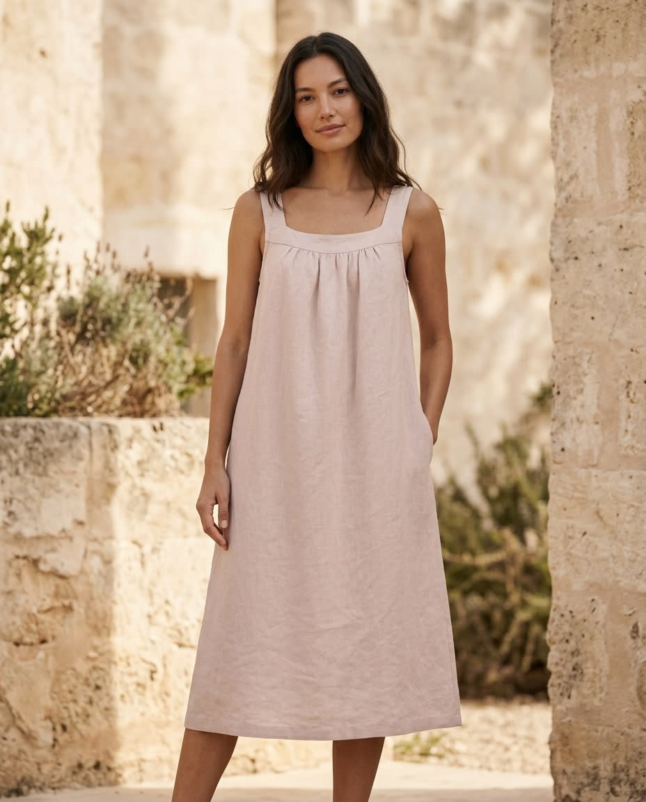 Gathered Yoke Sleeveless Linen Sundress