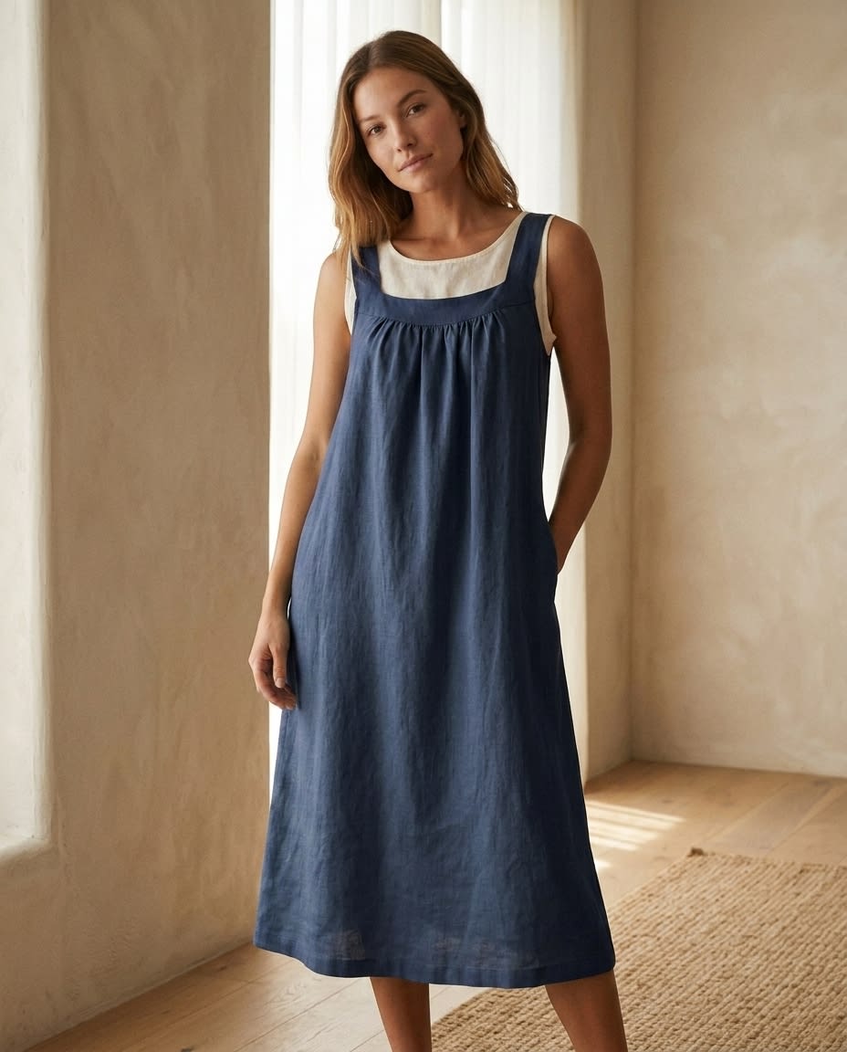 Gathered Yoke Sleeveless Linen Sundress