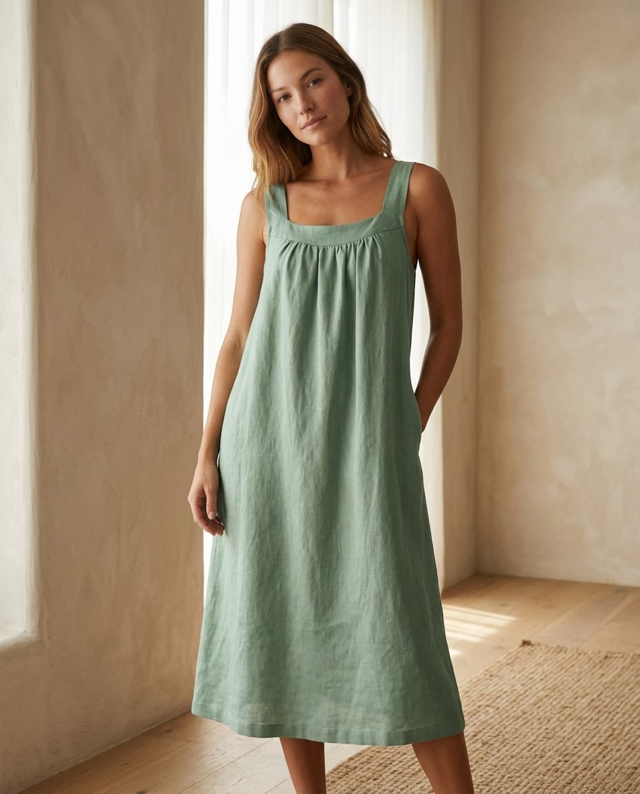 Gathered Yoke Sleeveless Linen Sundress