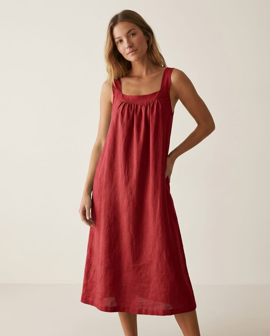 Gathered Yoke Sleeveless Linen Sundress