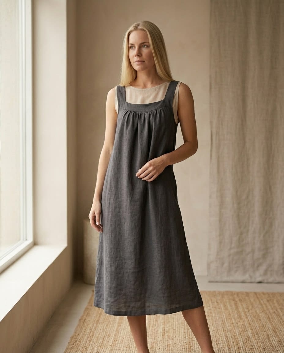 Gathered Yoke Sleeveless Linen Sundress