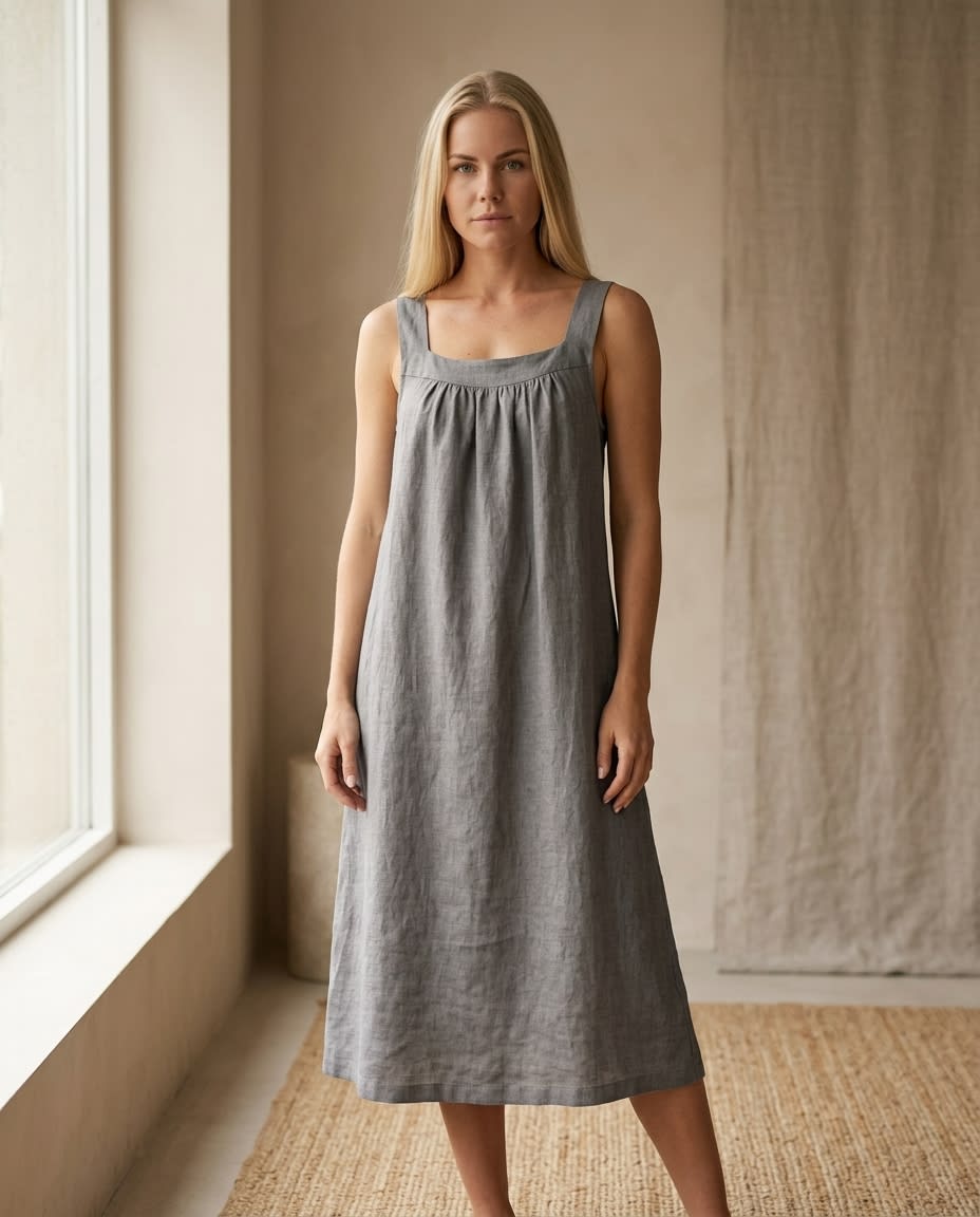 Gathered Yoke Sleeveless Linen Sundress