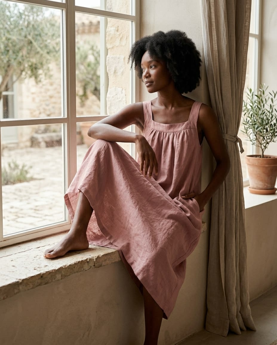 Gathered Yoke Sleeveless Linen Sundress