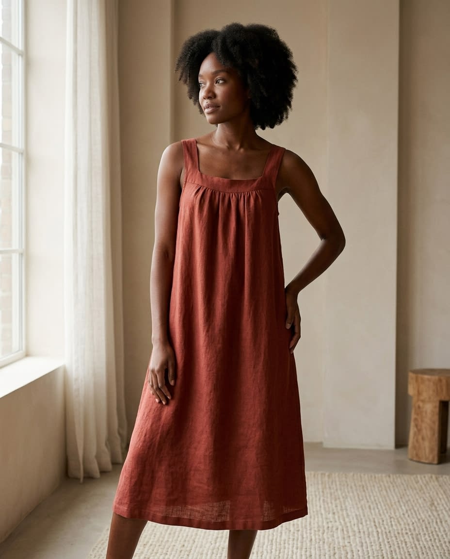Gathered Yoke Sleeveless Linen Sundress