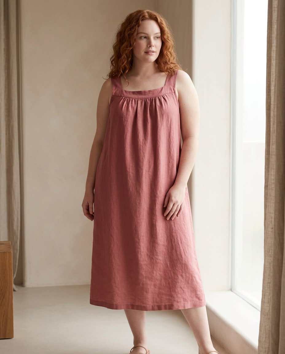 Gathered Yoke Sleeveless Linen Sundress