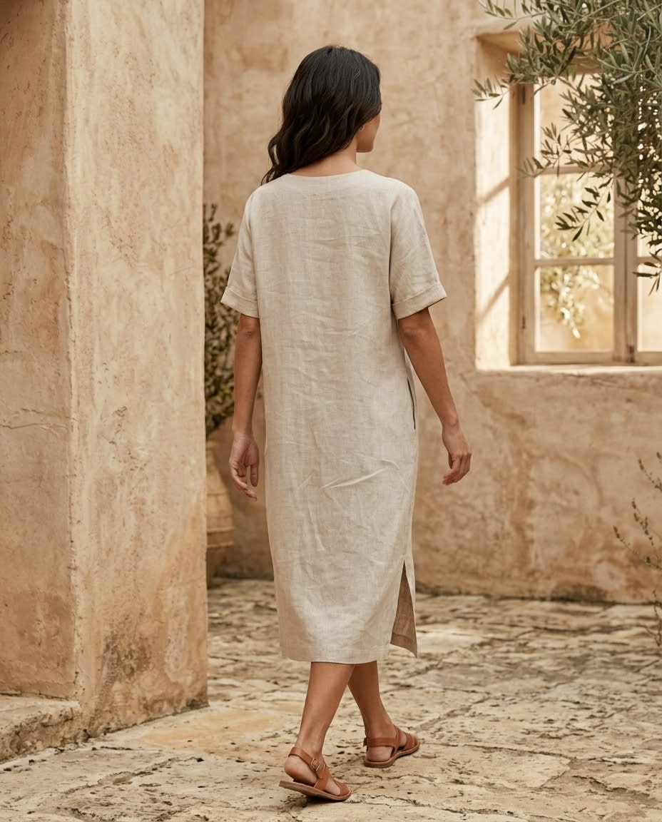 Relaxed V-Neck Linen Midi Dress