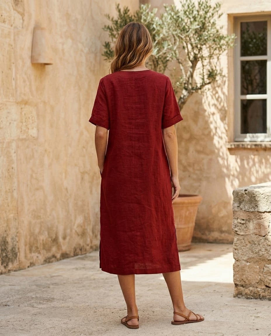 Relaxed V-Neck Linen Midi Dress