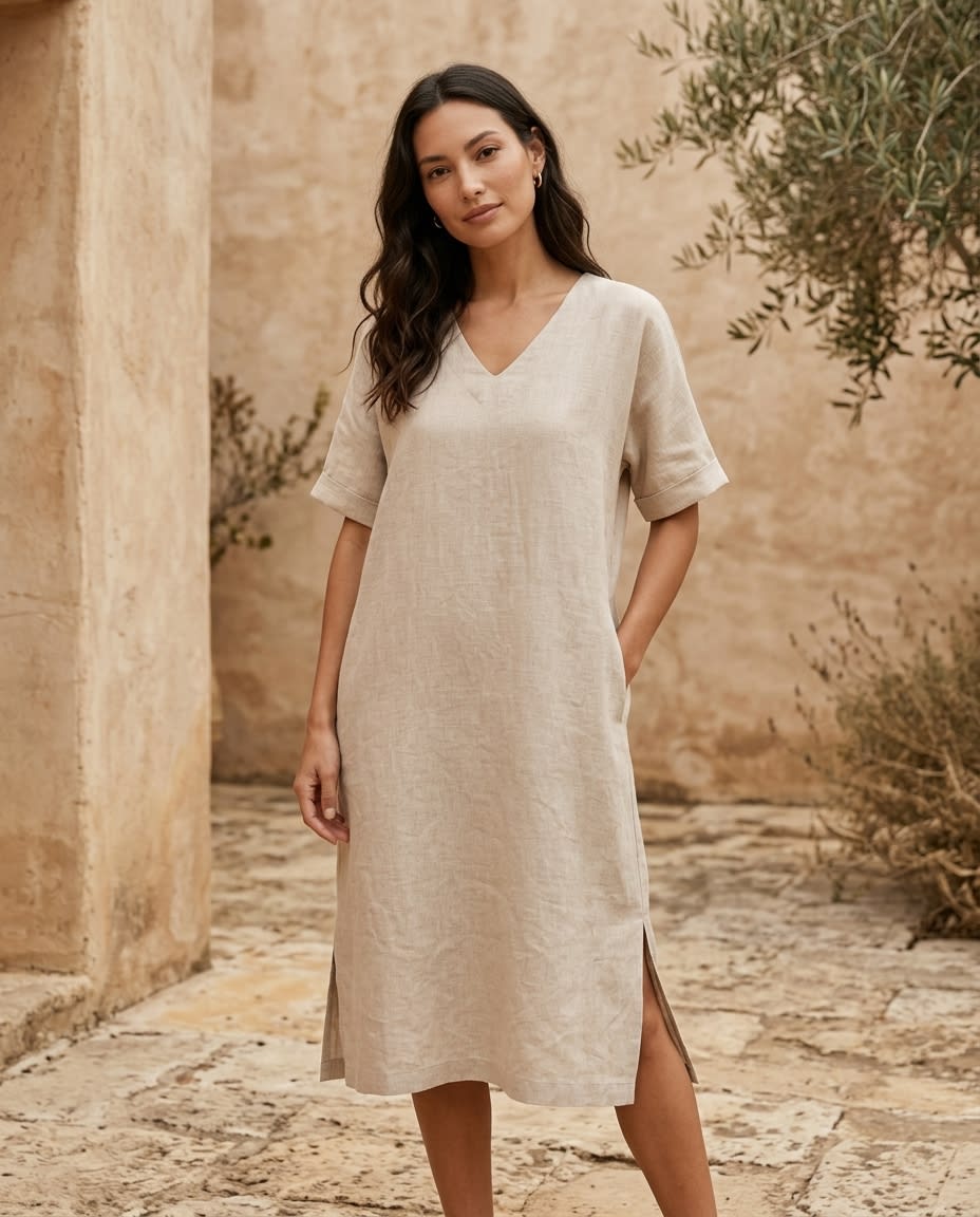 Relaxed V-Neck Linen Midi Dress