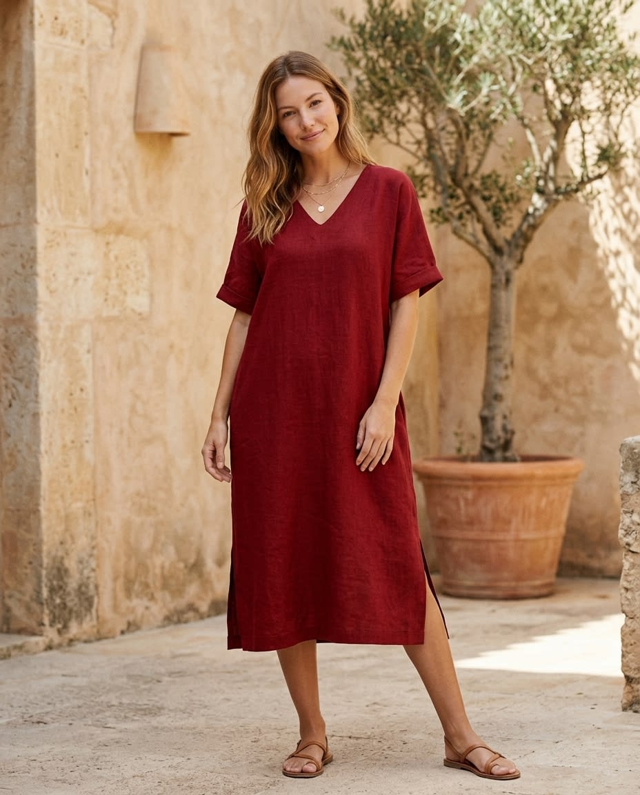 Relaxed V-Neck Linen Midi Dress
