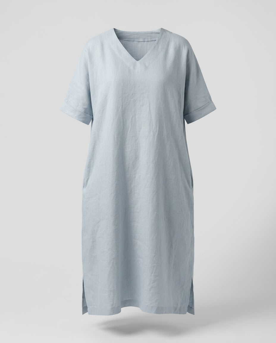 Relaxed V-Neck Linen Midi Dress