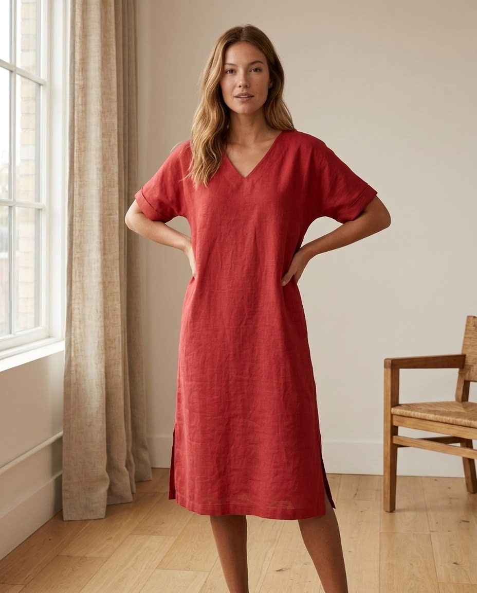 Relaxed V-Neck Linen Midi Dress
