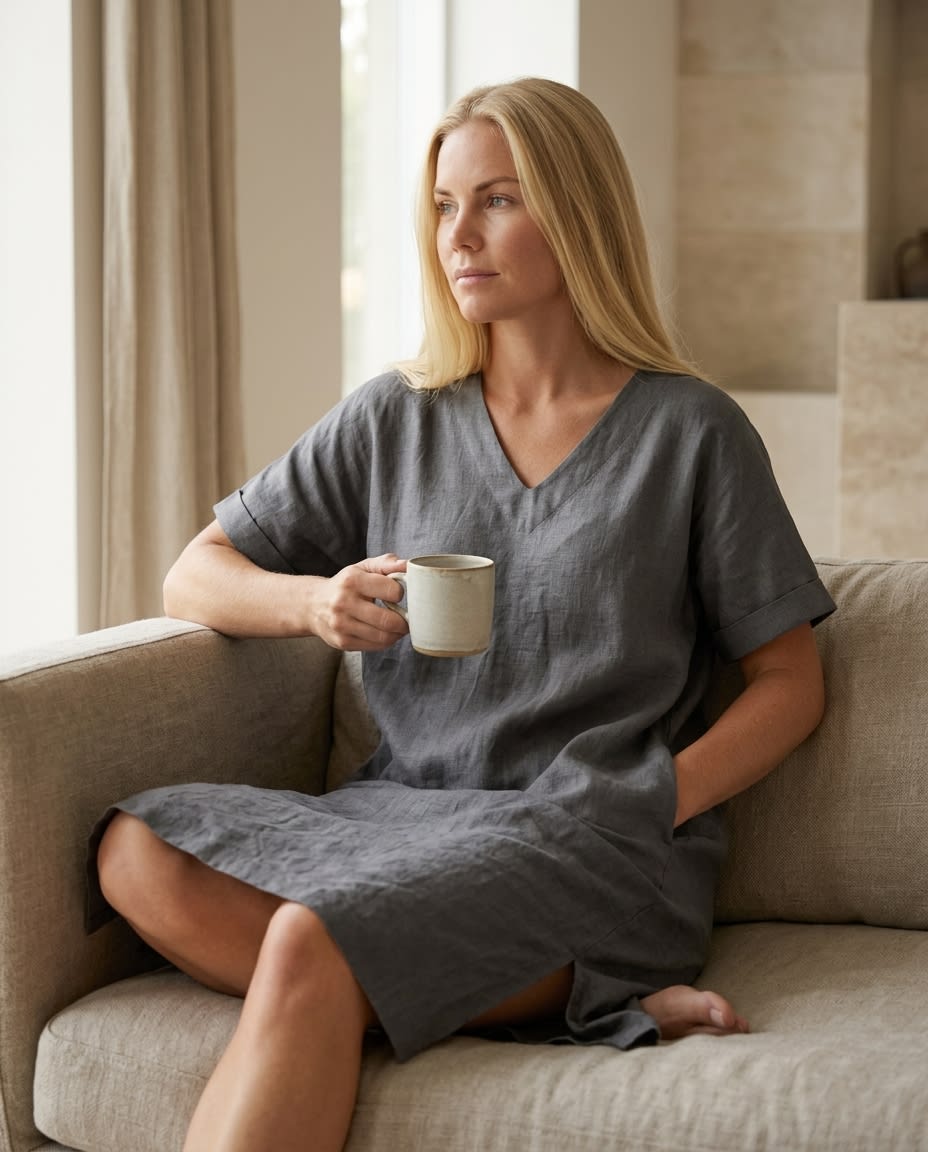 Relaxed V-Neck Linen Midi Dress