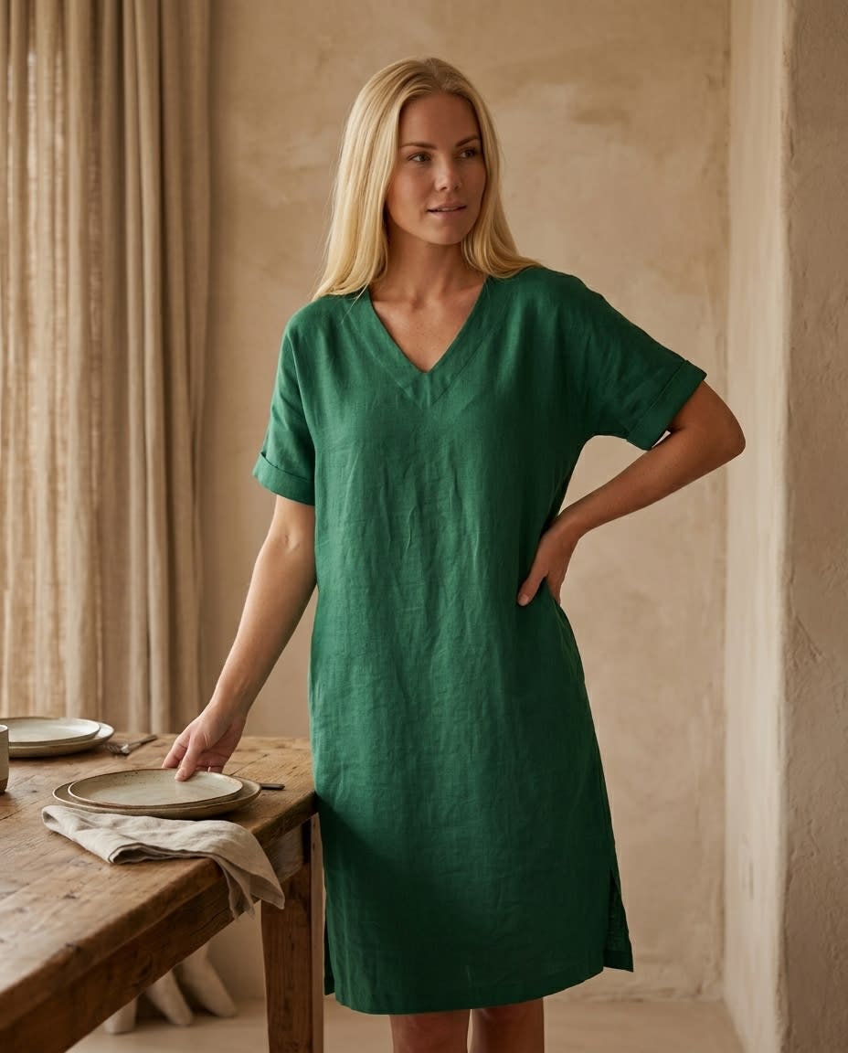 Relaxed V-Neck Linen Midi Dress