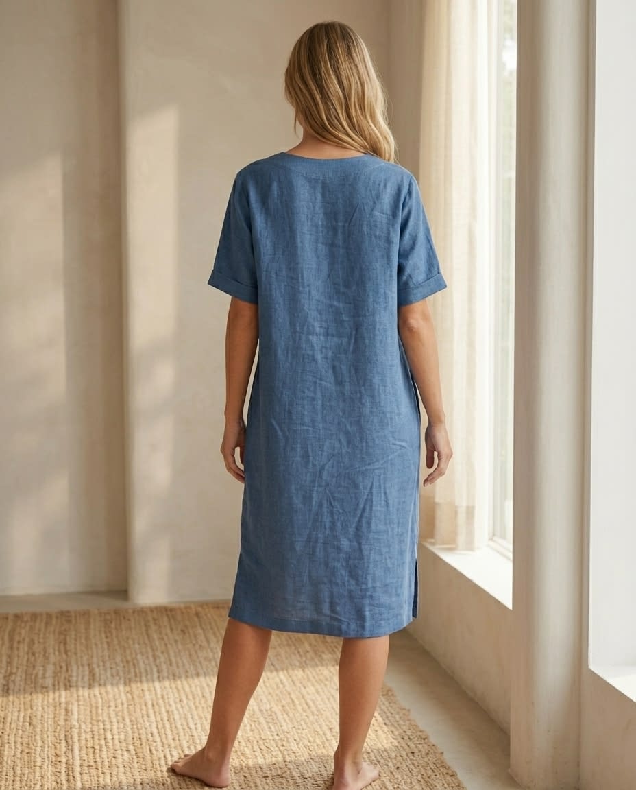 Relaxed V-Neck Linen Midi Dress