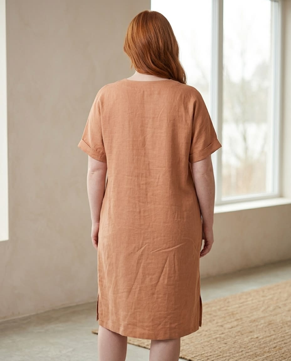 Relaxed V-Neck Linen Midi Dress