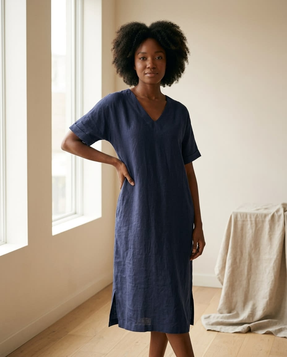 Relaxed V-Neck Linen Midi Dress