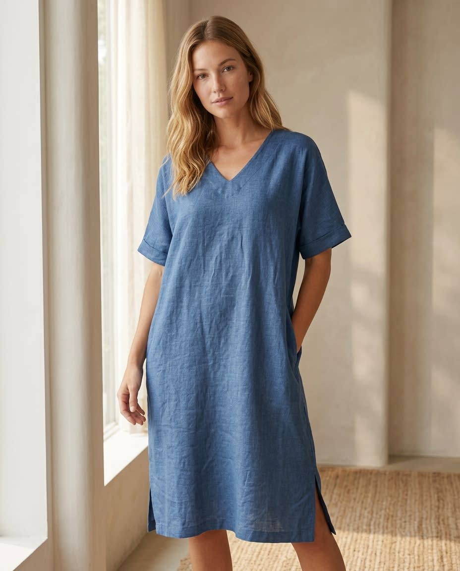Relaxed V-Neck Linen Midi Dress