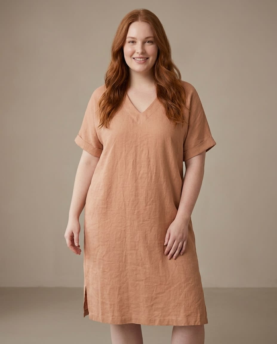 Relaxed V-Neck Linen Midi Dress