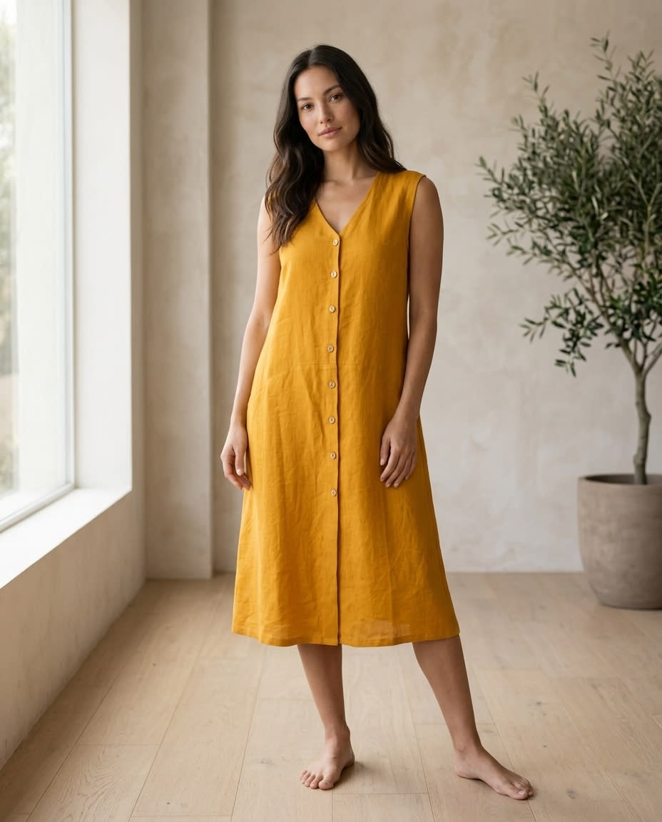 Sleeveless Button-Front Linen Midi Dress