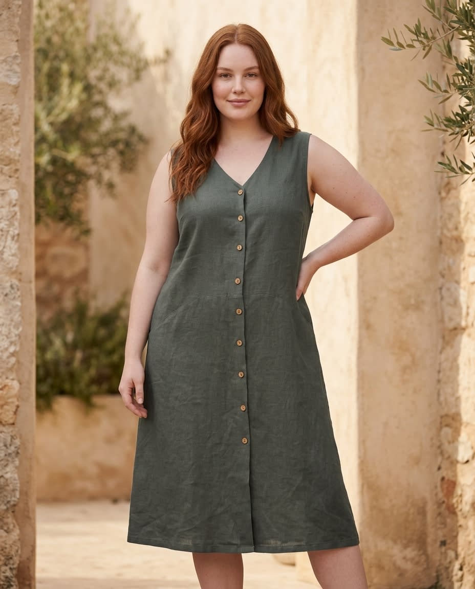 Sleeveless Button-Front Linen Midi Dress