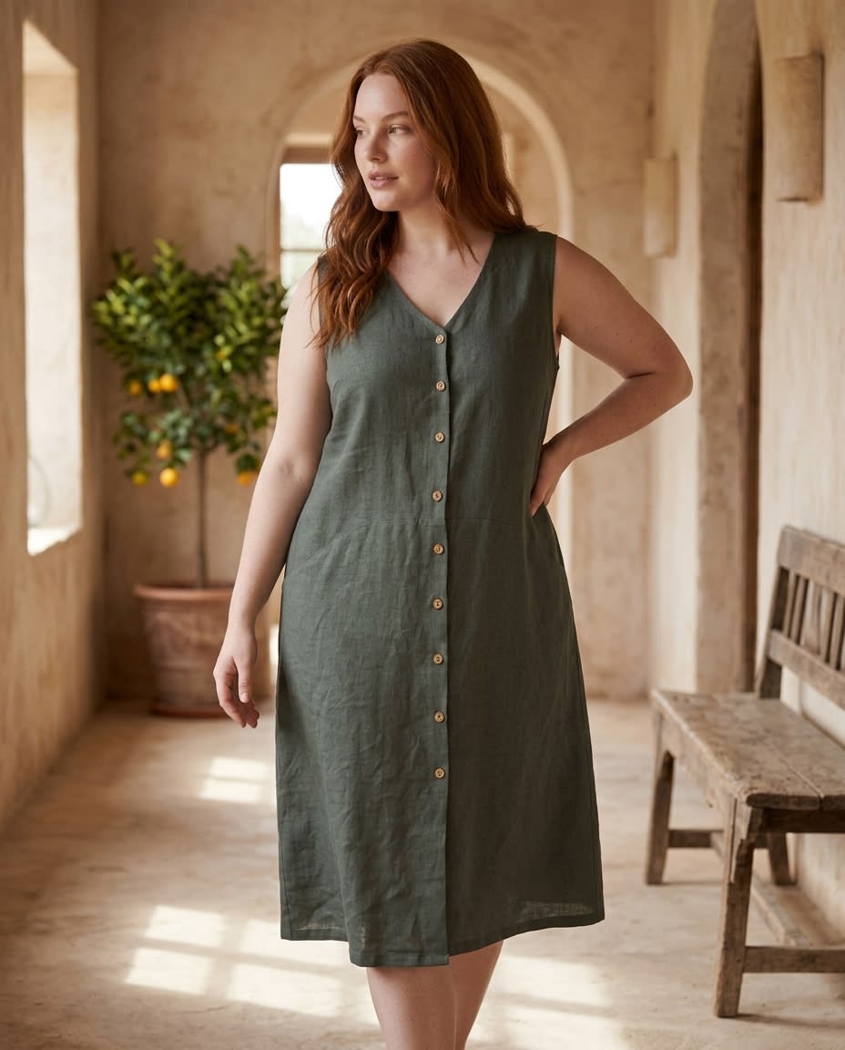 Sleeveless Button-Front Linen Midi Dress