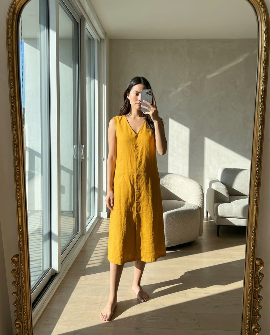 Sleeveless Button-Front Linen Midi Dress