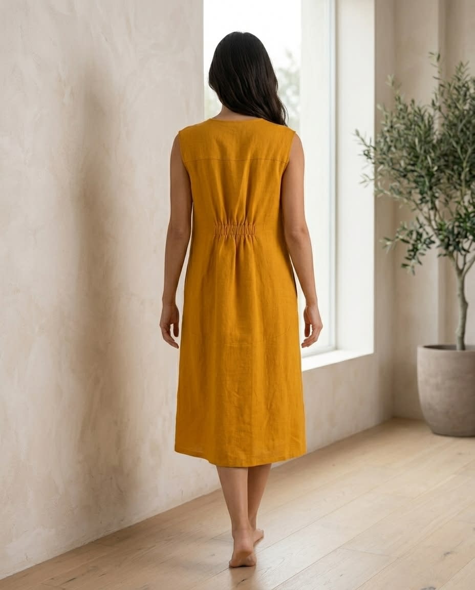 Sleeveless Button-Front Linen Midi Dress