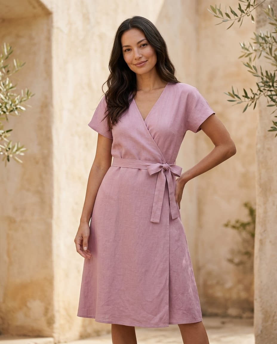 Effortless Wrap Linen Midi Dress