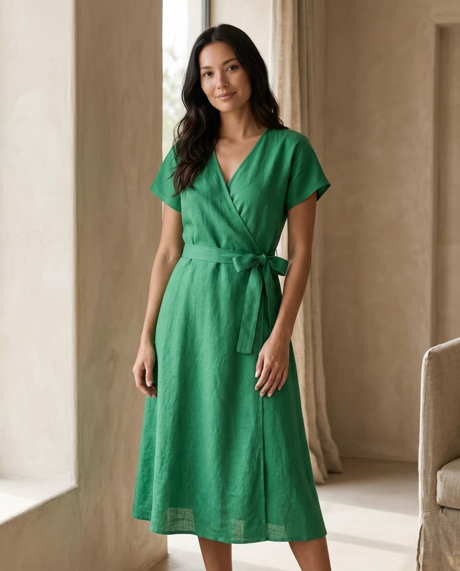 Effortless Wrap Linen Midi Dress