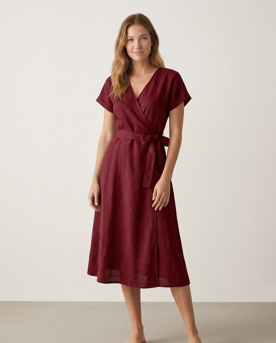 Effortless Wrap Linen Midi Dress
