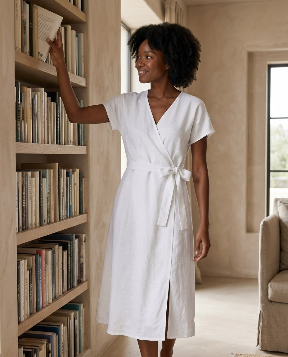 Effortless Wrap Linen Midi Dress