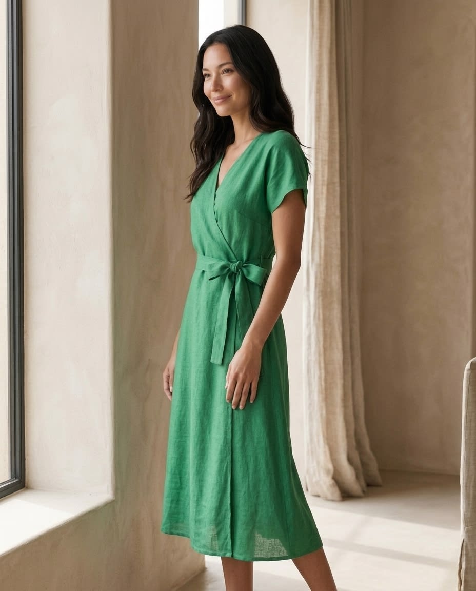 Effortless Wrap Linen Midi Dress