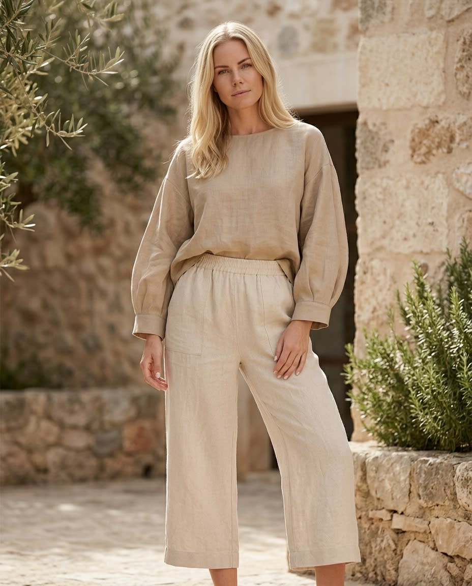 Relaxed Cropped Wide-Leg Linen Trousers