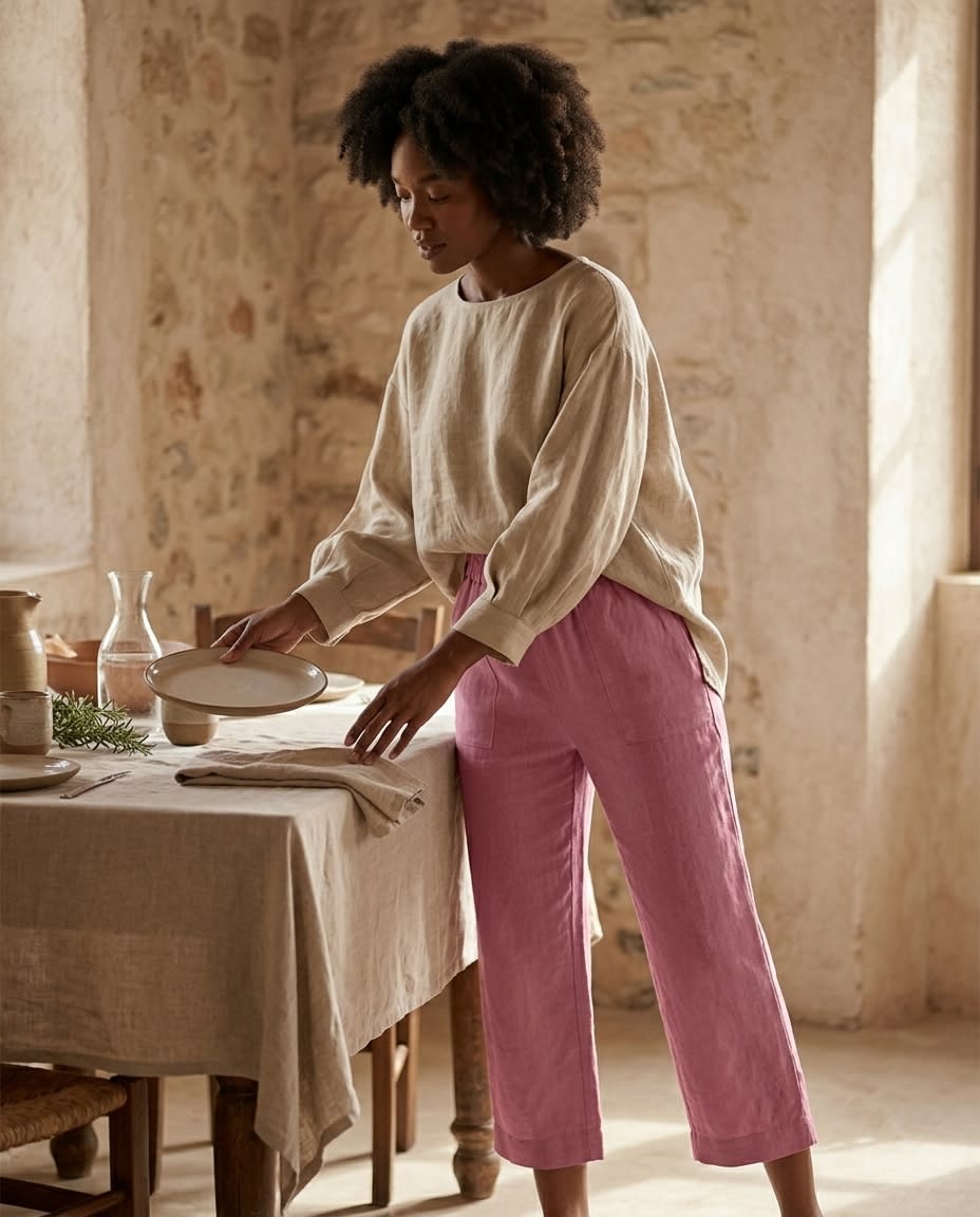 Relaxed Cropped Wide-Leg Linen Trousers