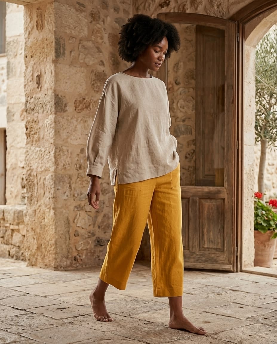 Relaxed Cropped Wide-Leg Linen Trousers