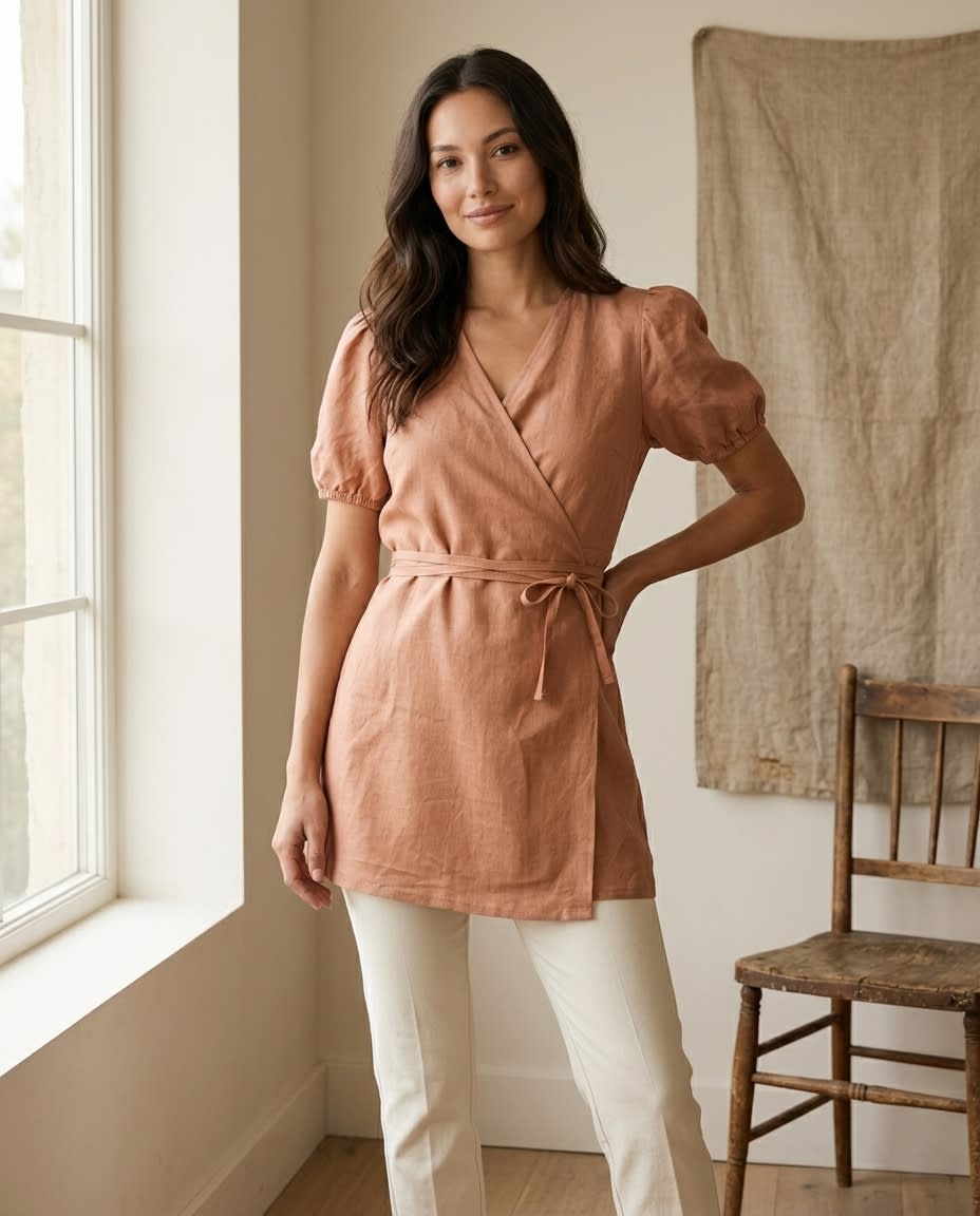 Puff-Sleeve Linen Wrap Mini Dress