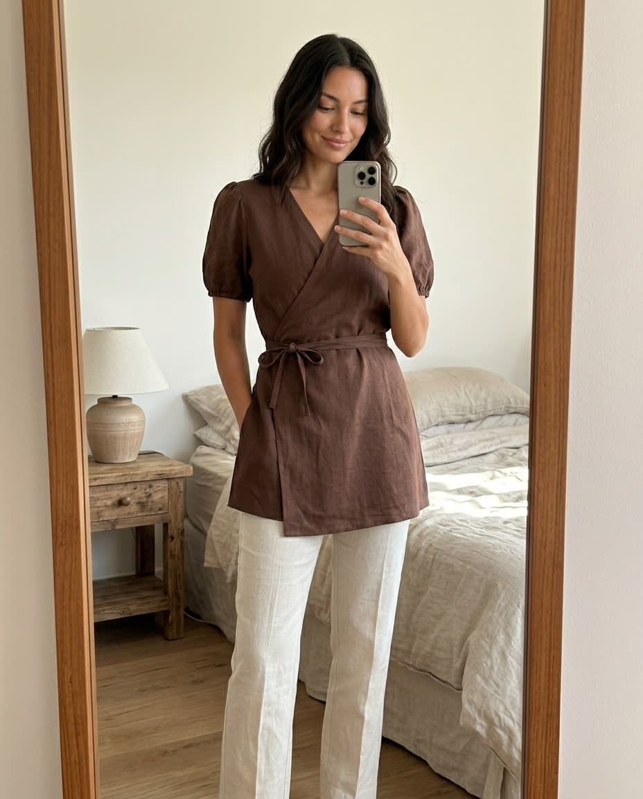Puff-Sleeve Linen Wrap Mini Dress