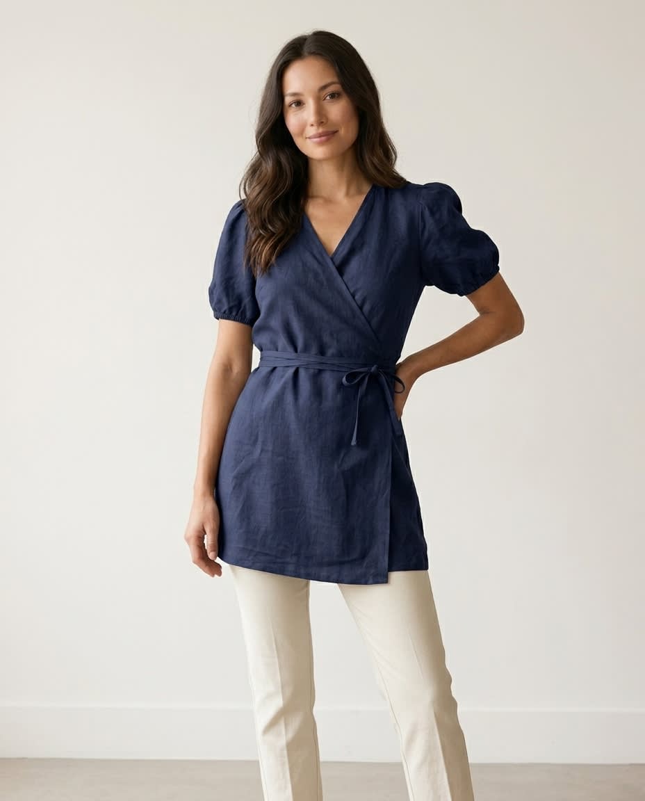 Puff-Sleeve Linen Wrap Mini Dress